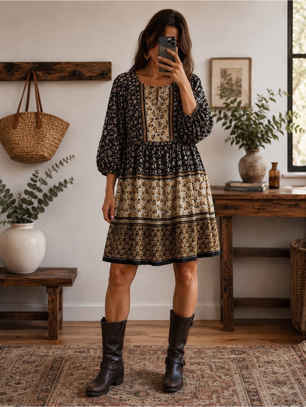 Tommy Hilfiger Black and Cream Floral Tiered Dress